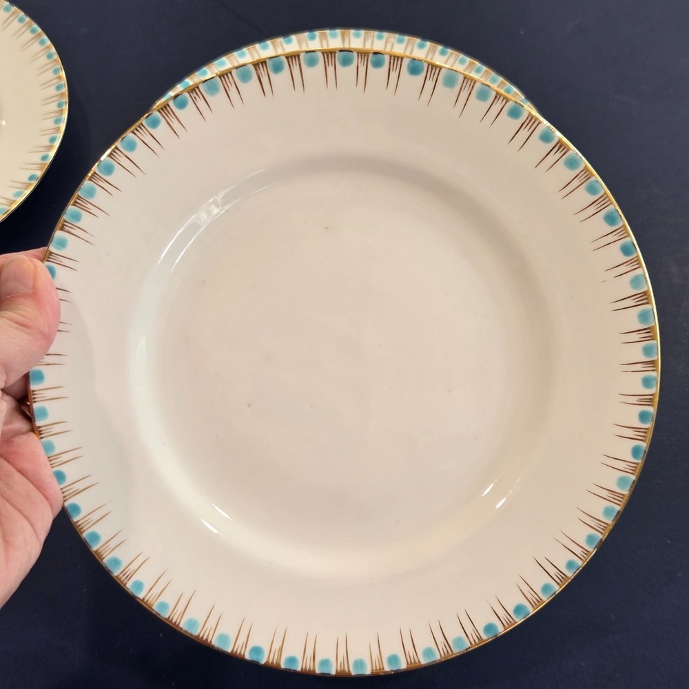 3 Vtg Royal Staffordshire England Bone China Salad Plates Turquoise Gold Strokes